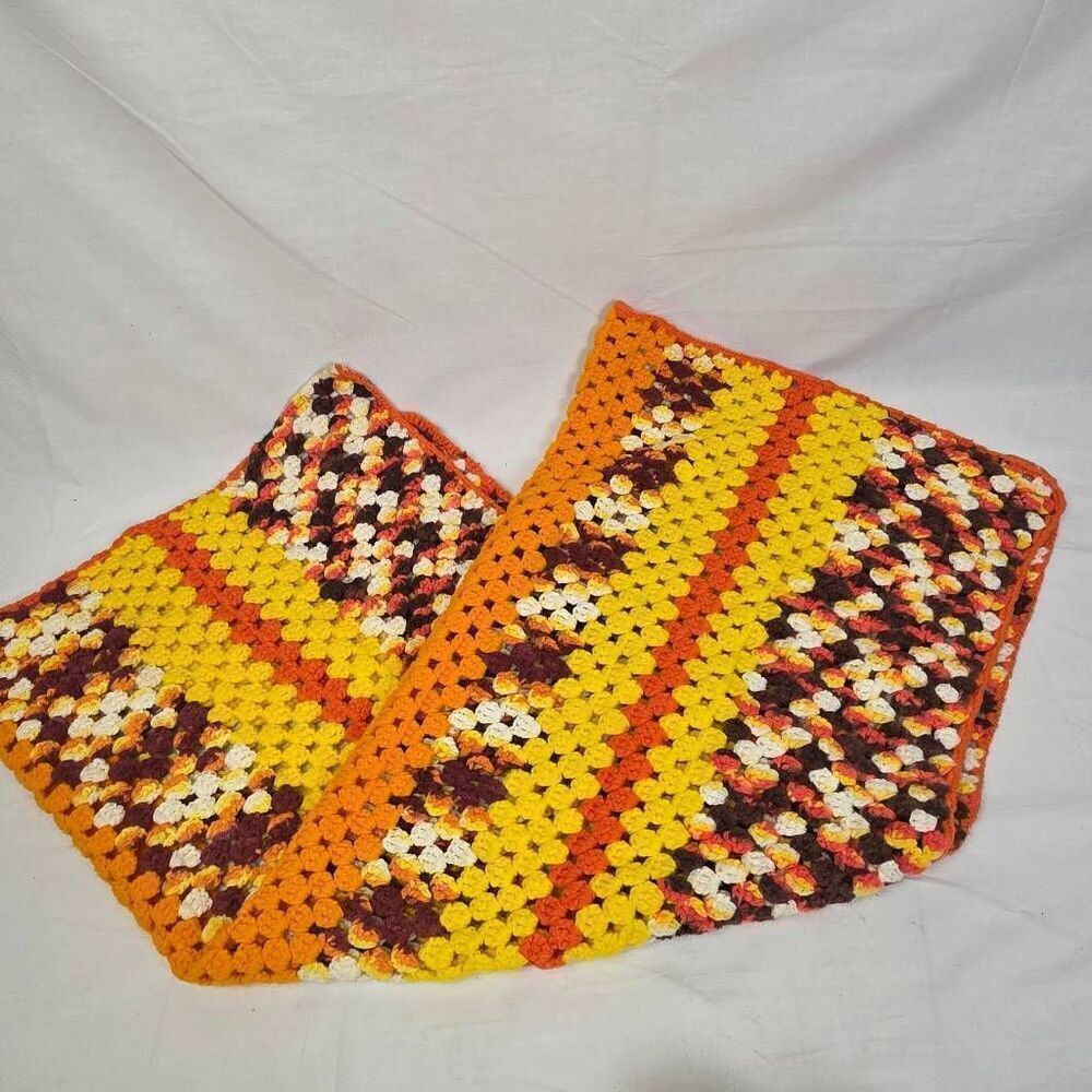 Vintage Crochet Afghan Blanket Orange Yellow Brown 36x46